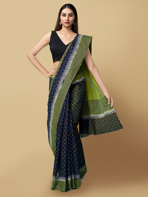 

Unnati Silks Navy Blue & Green Ethnic Motifs Pure Cotton Kota Saree