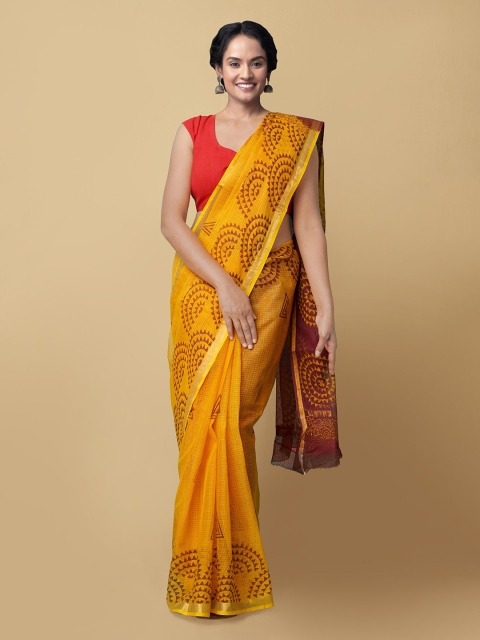

Unnati Silks Women Yellow Hand Block Printed Kota Cotton Saree