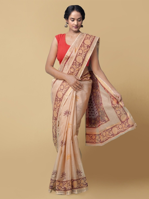 

Unnati Silks Women Cream & Brown Kota Floral Print Pure Cotton Saree