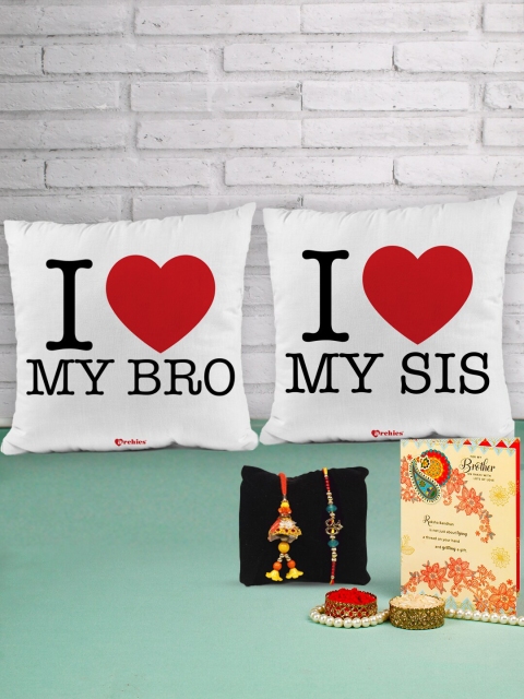 

Archies Combo Set of 6 Rakhis with Cushion Pair, Greeting Card, Roli Chawal, Multi