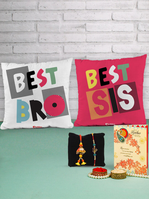 

Archies Combo Set of 6 Rakhis with Cushion Pair, Greeting Card & Roli Chawal, Multi