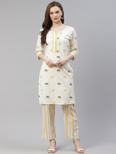 

Laabha Women Off White & Mustard Yellow Printed Pure Cotton Kurta with Trousers