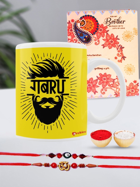 

Archies Special Combo Set of 5 Rakhis with Coffee Mug, Greeting Card & Roli-Chawal, Multi