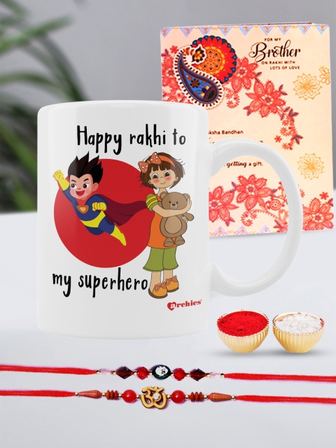 

Archies Special Combo Set of 5 Rakhis with Coffee Mug, Greeting Card & Roli-Chawal, Multi