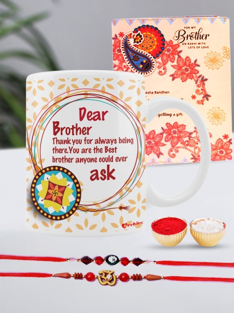 

Archies Special Combo Set of 5 Rakhis with Coffee Mug, Greeting Card & Roli-Chawal, Multi