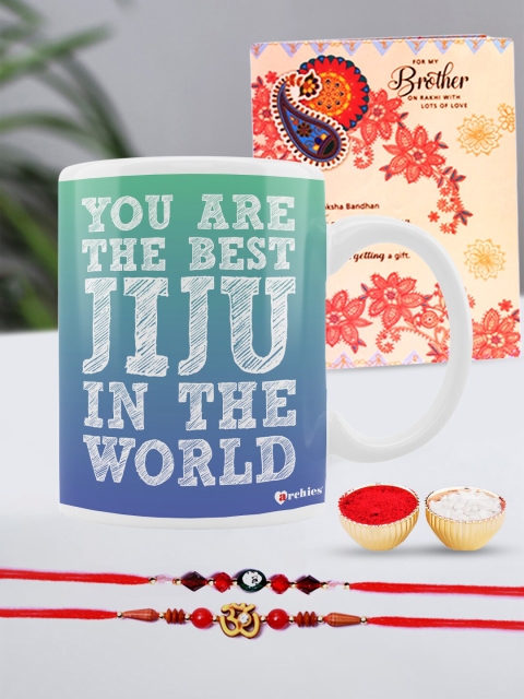 

Archies Special Combo Set of 5 Rakhis with Coffee Mug, Greeting Card & Roli-Chawal, Multi