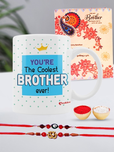 

Archies Special Combo Set of 5 Rakhis with Coffee Mug, Greeting Card & Roli-Chawal, Multi