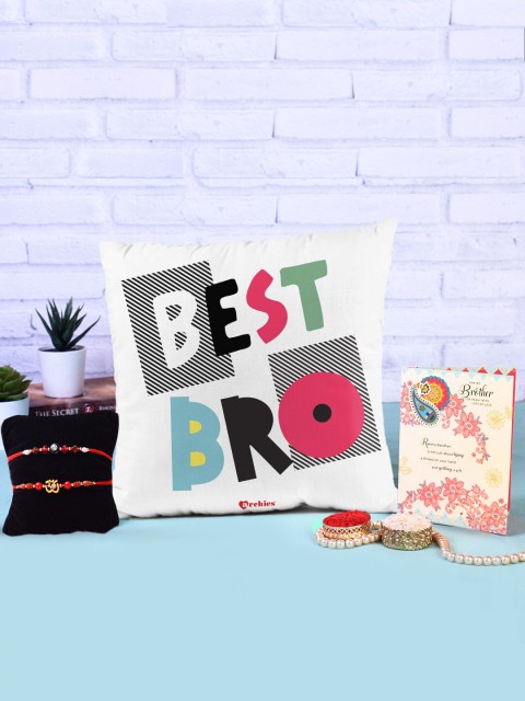 

Archies Special Combo Set of 5 Rakhis with Cushions, Greeting Card & Roli-Chawal, Multi