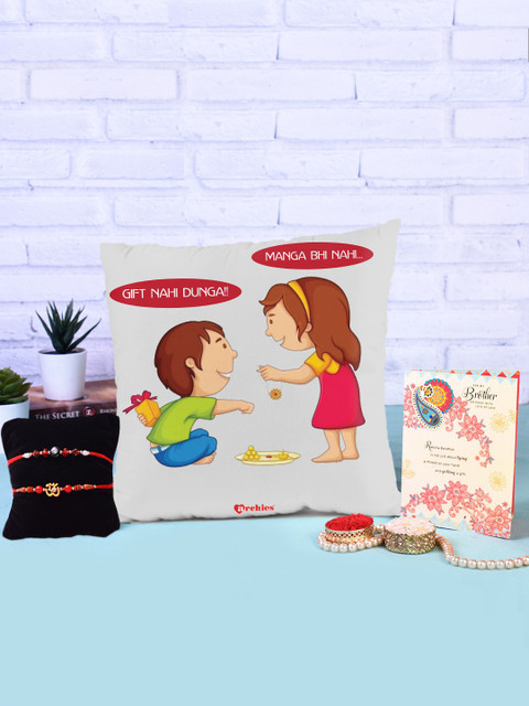 

Archies Special Combo Set of 5 Rakhis with Cushions, Greeting Card & Roli-Chawal, Multi