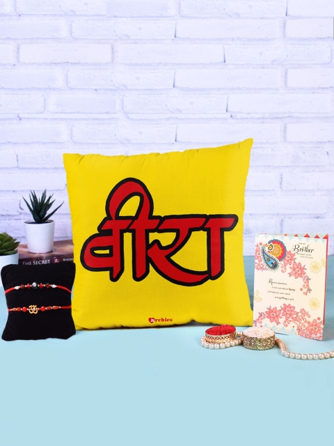 

Archies Special Combo Set of 5 Rakhis with Cushion, Greeting Card & Roli-Chawal, Multi