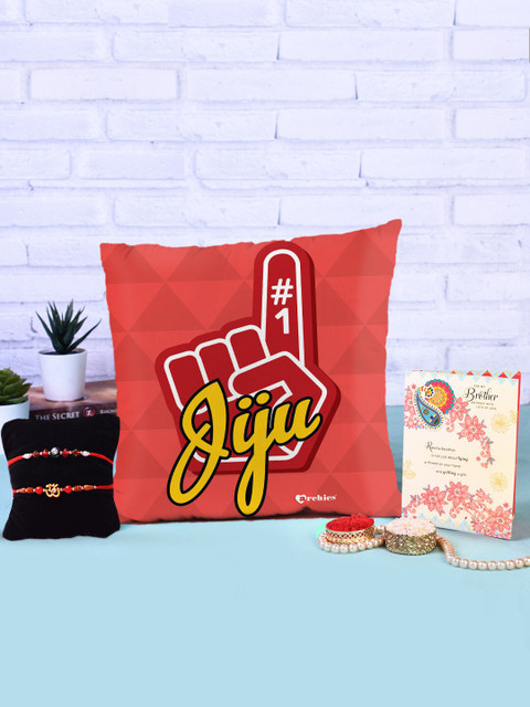 

Archies Set of 2 Rakhi with Cushion, Greeting Card & Roli-Chawal, Multi