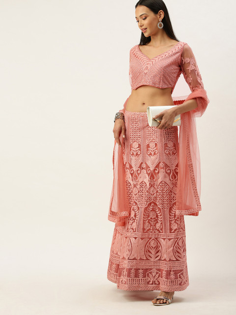 

Mameraa Rust Pink Embroidered Semi-Stitched Lehenga & Unstitched Blouse With Dupatta
