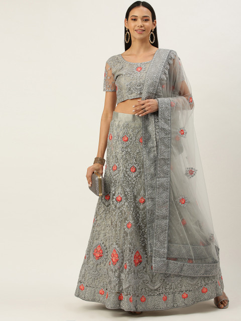 

Mameraa Grey Embroidered Beads and Stones Semi-Stitched Lehenga & Unstitched Blouse With Dupatta
