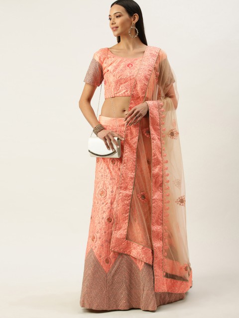 

Mameraa Peach-Coloured Embroidered Beads and Stones Semi-Stitched Lehenga & Unstitched Blouse With Dupatta
