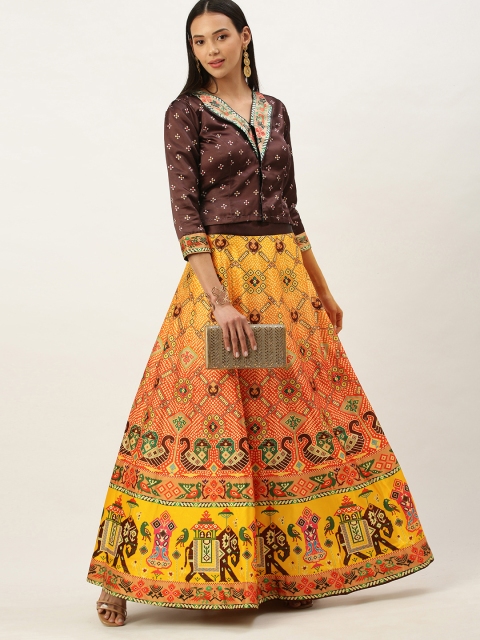

Mameraa Yellow & Brown Printed Semi-Stitched Lehenga & Unstitched Blouse