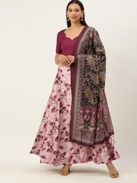 

Mameraa Pink & Burgundy Printed Semi-Stitched Lehenga Choli