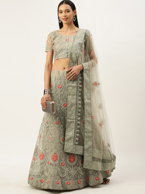 

Mameraa Grey Embroidered Semi-Stitched Lehenga & Unstitched Blouse With Dupatta
