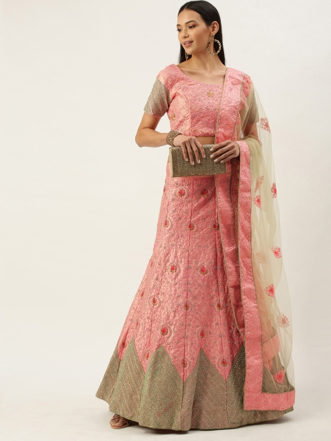 

Mameraa Pink Embroidered Thread Work Semi-Stitched Lehenga & Unstitched Blouse With Dupatta