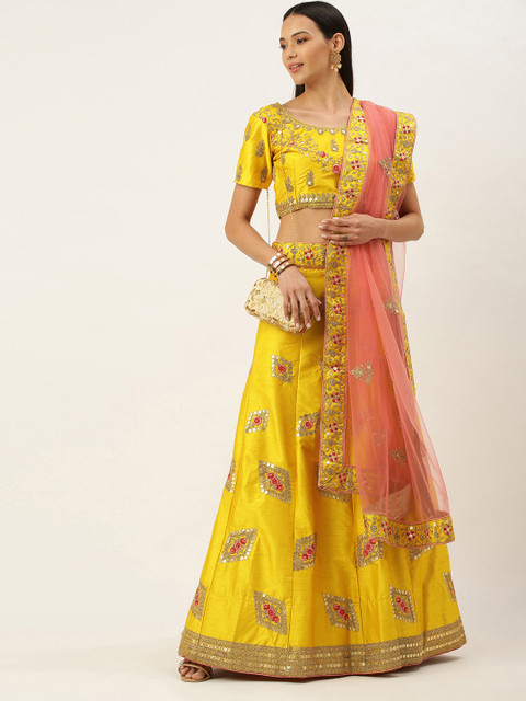 

Mameraa Yellow & Pink Embroidered Sequinned Semi-Stitched Lehenga & Unstitched Blouse With Dupatta