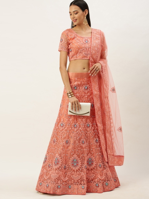 

Mameraa Peach-Coloured Beads and Stones Semi-Stitched Lehenga & Unstitched Blouse With Dupatta