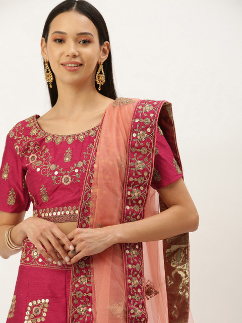 

Mameraa Magenta & Peach-Coloured Sequinned Semi-Stitched Lehenga Choli
