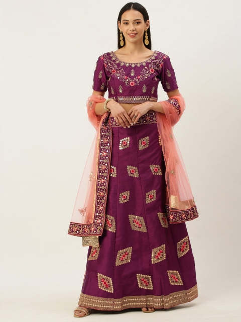 

Mameraa Burgundy & Peach-Coloured Sequinned Semi-Stitched Lehenga Choli