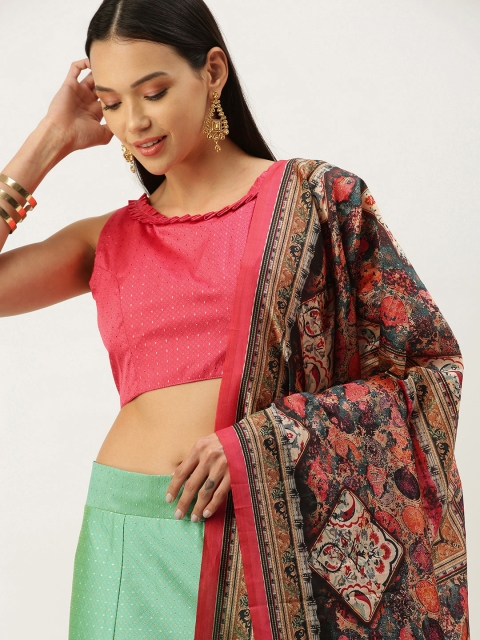 

Mameraa Pink & Green Semi-Stitched Lehenga & Unstitched Blouse With Dupatta