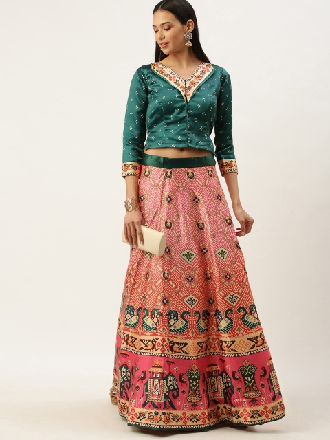 

Mameraa Green & Pink Printed Semi-Stitched Lehenga & Unstitched Blouse With Dupatta