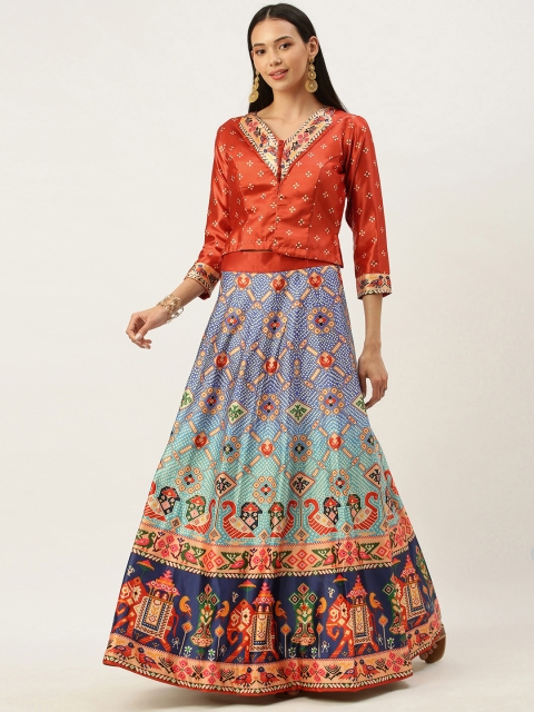 

Mameraa Blue & Brown Printed Semi-Stitched Lehenga Choli