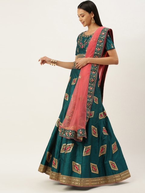 

Mameraa Teal & Pink Sequinned Semi-Stitched Lehenga Choli