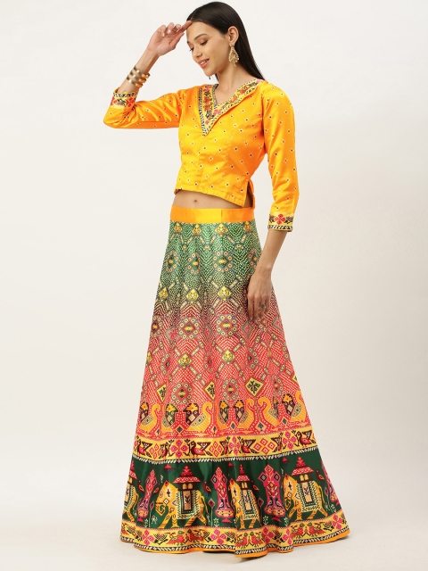 

Mameraa Green & Yellow Printed Semi-Stitched Lehenga Choli