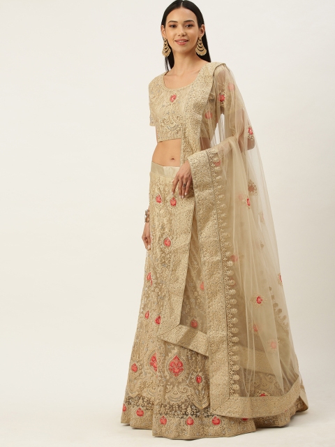 

Mameraa Beige Embroidered Semi-Stitched Lehenga & Unstitched Blouse With Dupatta