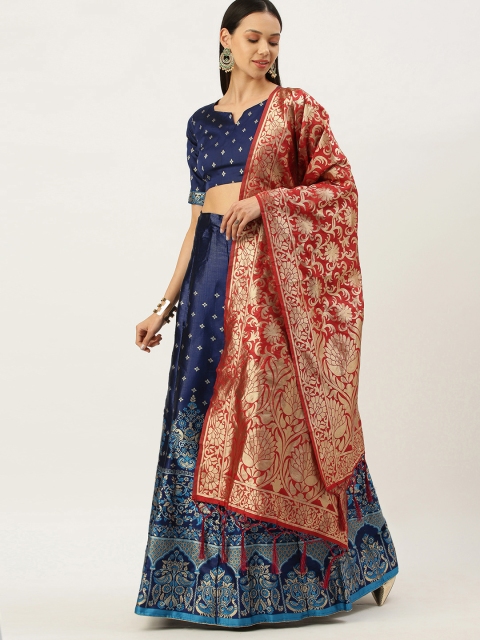 

Mameraa Navy Blue & Gold-Toned Semi-Stitched Lehenga & Unstitched Blouse With Dupatta