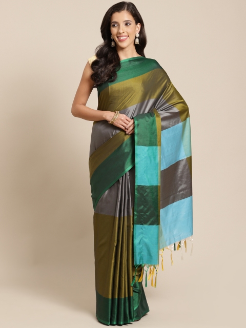 

OM SAI LATEST CREATION Olive Green & Grey Colourblocked Kanjeevaram Saree