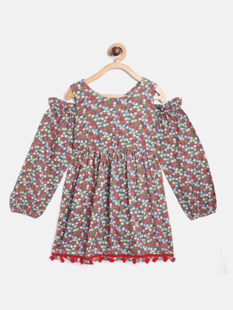 

pspeaches Girls Olive Green & Blue Floral Print & Pom-Pom Detail Cotton Fit & Flare Dress