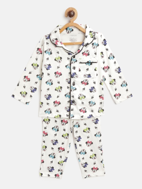 

MRASIS Girls White & Black Minnie Mouse & Ice Cream Print Pure Cotton Night suit