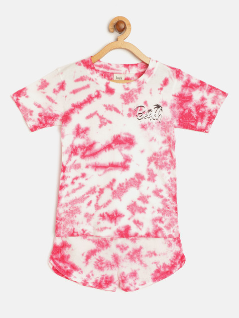 

luyk Girls Fuchsia Pink & White Tie & Dyed Pure Cotton T-shirt with Shorts