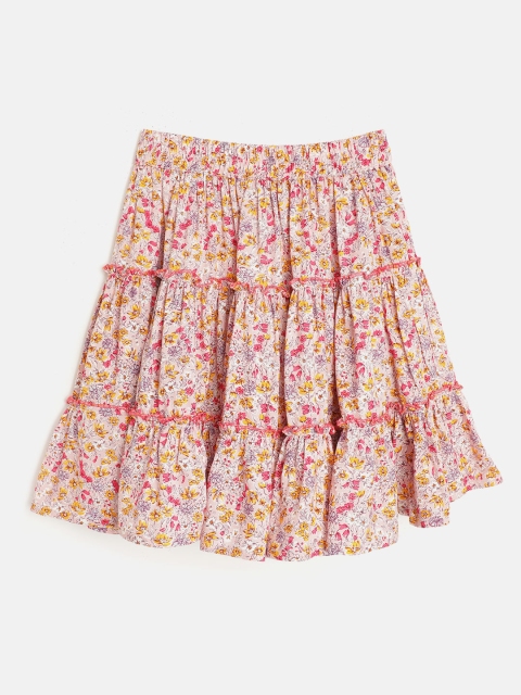 

luyk Kids Girls Pink & Mustard Yellow Floral Print Tiered Flared Skirt
