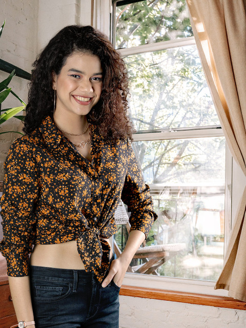 

United Colors of Benetton Women Black & Mustard Yellow Floral Printed Casual Shirt