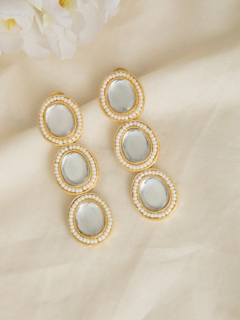 

INDYA White & Gold-Toned & Polki Kundan Pearl Dangler Drop Earrings