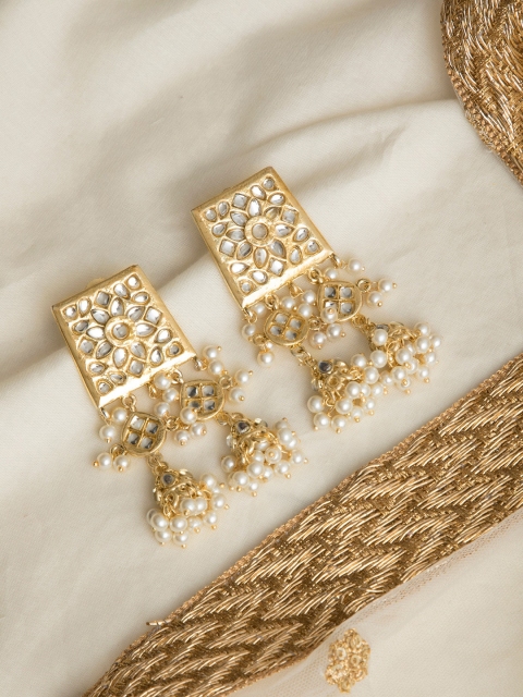 

INDYA Gold-Toned White Stone Studded & Pearl Beaded Contemporary Drop Earrings