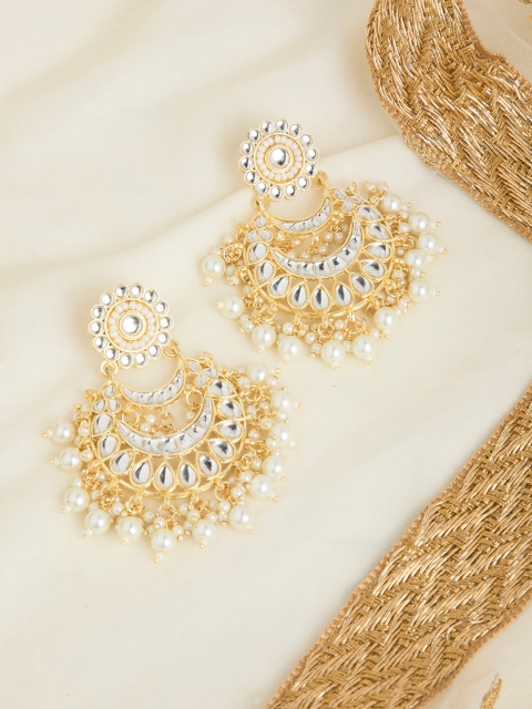 

INDYA Gold-Toned & White Beaded Kundan-studded Tiered Chandbali Earrings