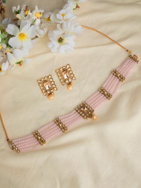 

INDYA Gold-Plated Pink & Beige Kundan-Studded & Beaded Multi String Choker Necklace Set