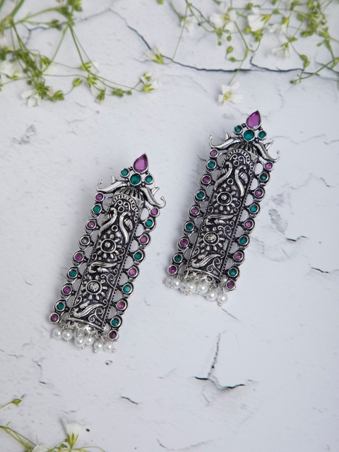 

INDYA Oxidized Silver-Toned Studded Long Dangler Drop Earrings