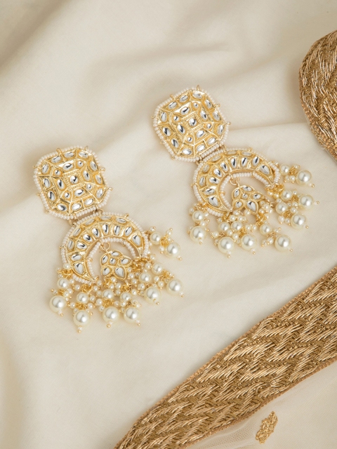

INDYA Gold-Toned Kundan & Pearl Studded Contemporary Chandbalis Earrings