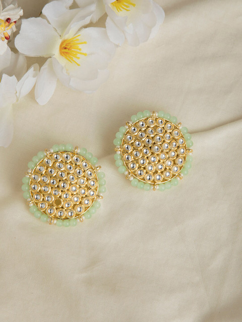 

INDYA Gold Plated & Green Circular Shaped Stoned & Beaded Studs Earrings