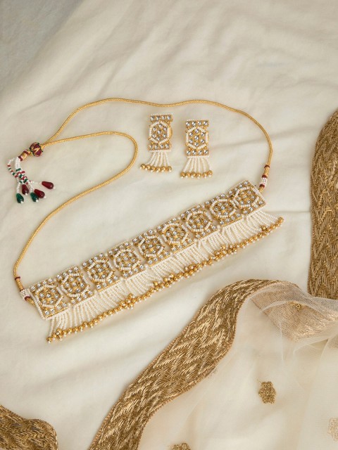 

INDYA Gold-Plated White Kundan-Studded & Pearl Beaded Tasselled Jewellery Set