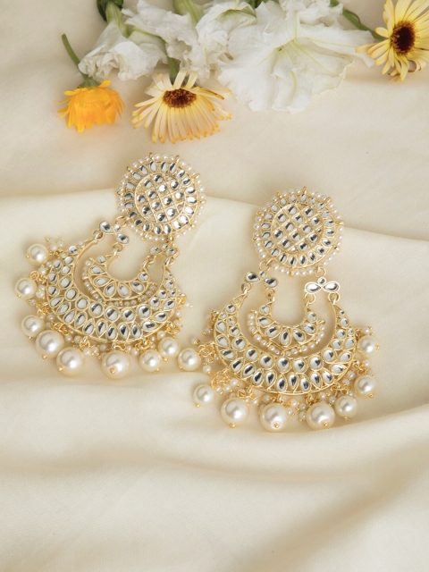 

INDYA Gold-Toned Pearl Beaded Kundan Contemporary Chandbalis Earrings