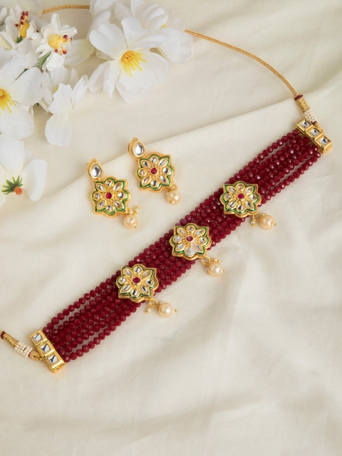 

INDYA Gold-Plated Red & White Kundan-Studded & Beaded Jewellery Set