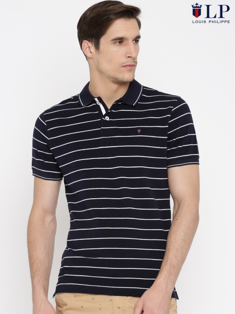 

Louis Philippe Sport Men Navy Blue Striped Polo Pure Cotton T-shirt